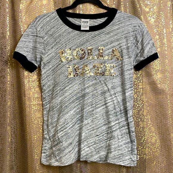 PINK Victorias Secret marled Heather gray Holla Daze sequin ringer t-shirt, XS - Picture 1 of 6
